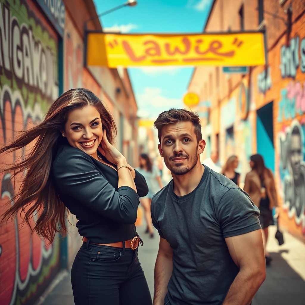 A strong, confident woman playfully dominating a scene with a mischievous smile, grabbing a surprised man's attention in a humorous, light-hearted manner