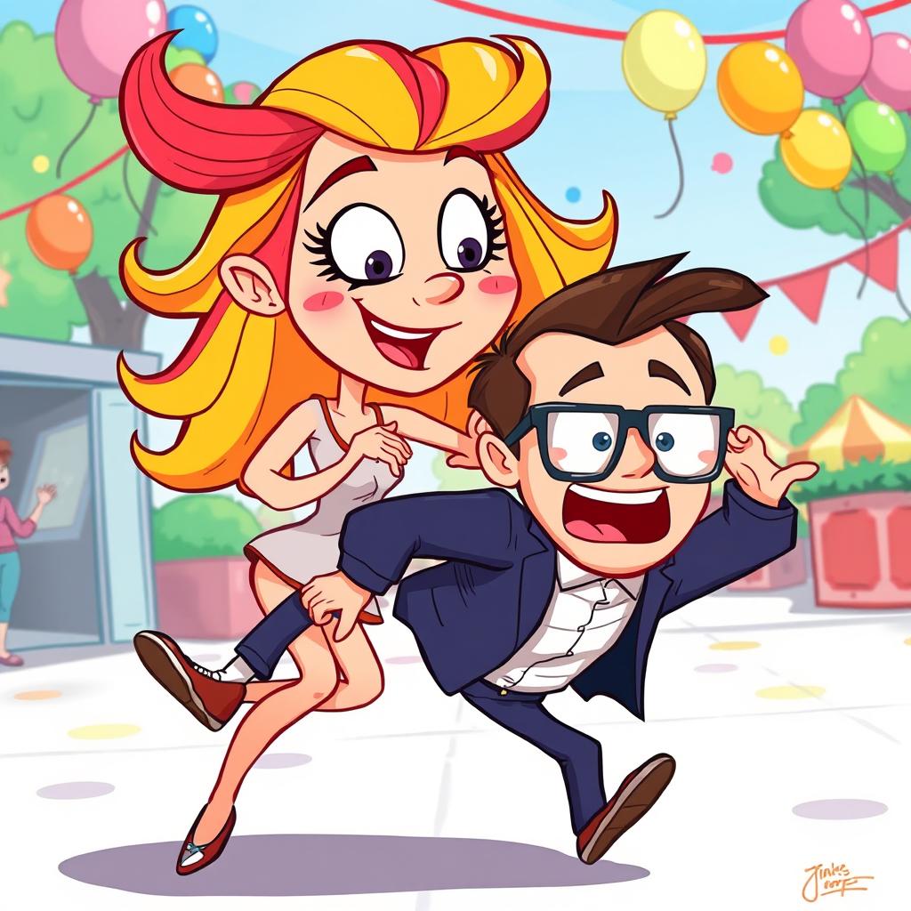 A cartoon-style illustration showcasing a humorous scene where a lively, exaggerated cartoon woman with big expressive eyes and vibrant hair delivers a playful kick to a dorky-looking cartoon man