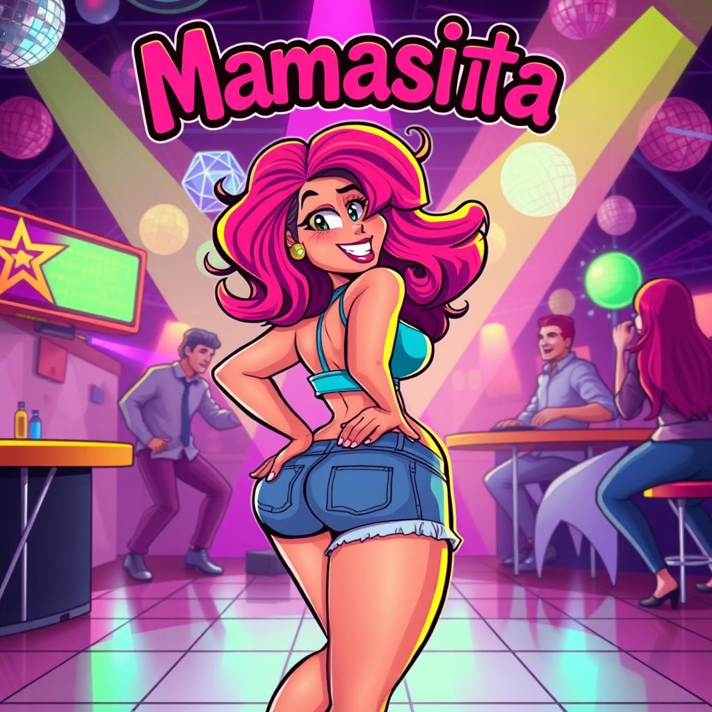 A vibrant cartoon-style illustration of a woman with a big booty, confidently twerking in a lively club setting