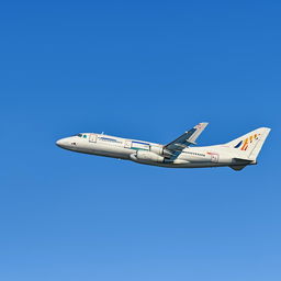 A sleek, white turbo airplane in flight against a clear blue sky.