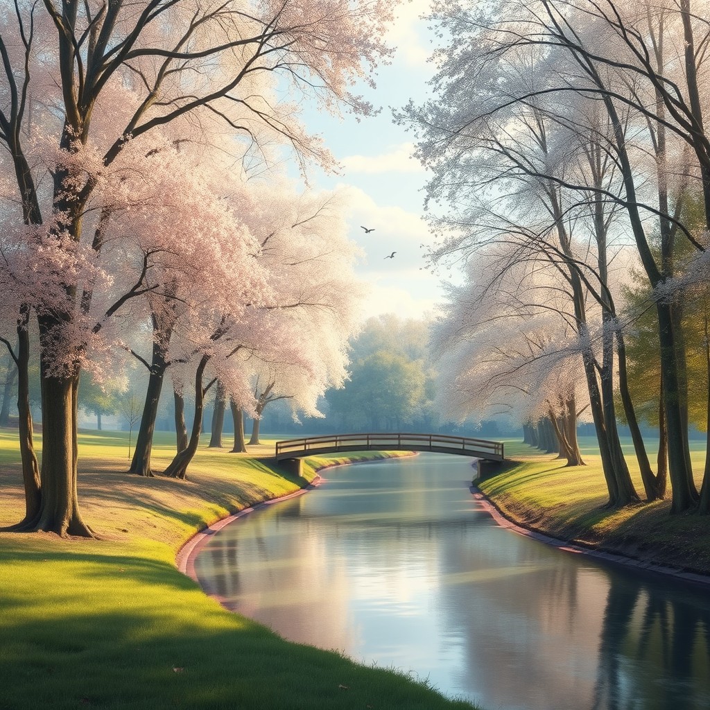 A serene landscape featuring a gentle river meandering through a tranquil forest