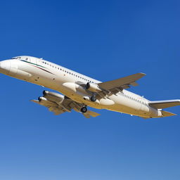 A sleek, white turbo airplane in flight against a clear blue sky.