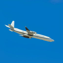 A sleek, white turbo airplane in flight against a clear blue sky.