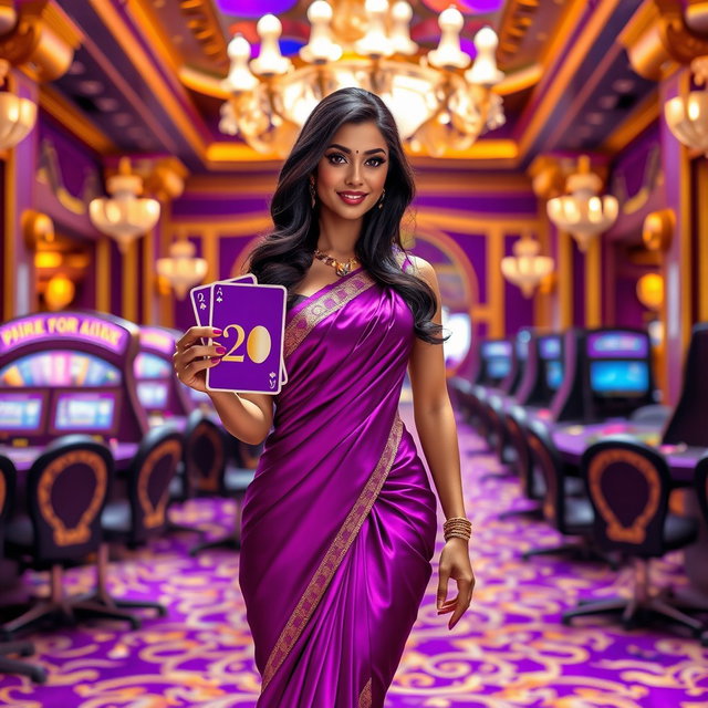 An attractive Indian woman styled like a glamorous barbie, wearing a sexy saree that accentuates her figure, stands inside the opulent Purple & Gold Casino