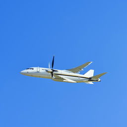 A sleek, white turbo airplane in flight against a clear blue sky.