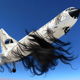 A sleek, white turbo airplane, uniquely decorated with strands of long, flowing black hair, soaring in the clear blue sky.