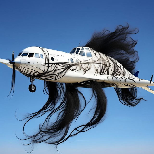 A sleek, white turbo airplane, uniquely decorated with strands of long, flowing black hair, soaring in the clear blue sky.