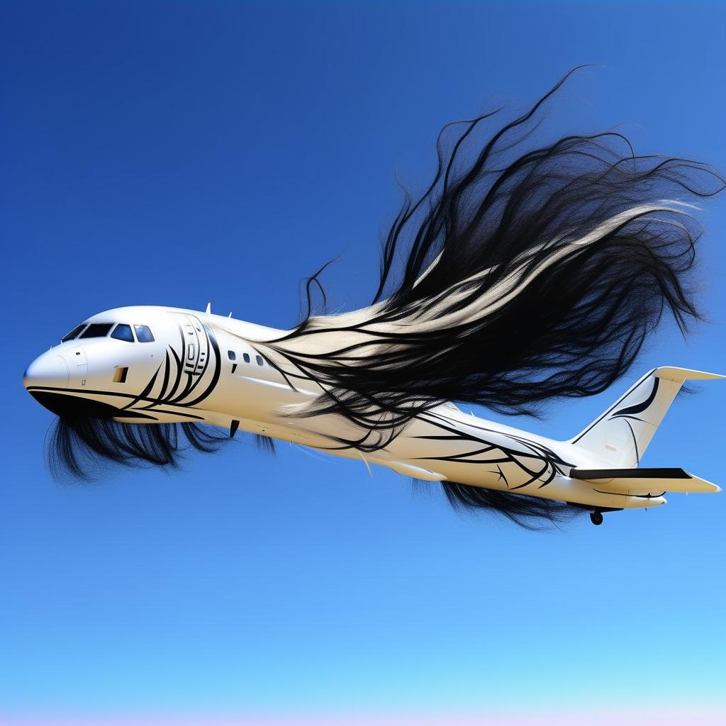 A sleek, white turbo airplane, uniquely decorated with strands of long, flowing black hair, soaring in the clear blue sky.