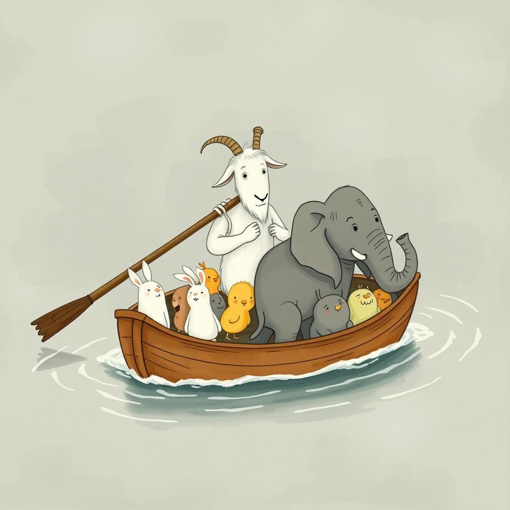 In the center of a river, a white goat grandpa, drenched in sweat, is rowing a small wooden boat
