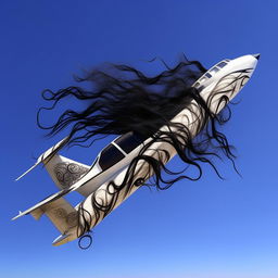 A sleek, white turbo airplane, uniquely decorated with strands of long, flowing black hair, soaring in the clear blue sky.