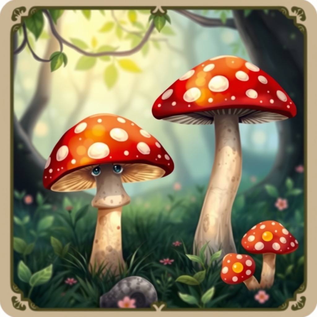 A whimsical Tarot card featuring amanita mushrooms (fly agarics) with expressive eyes in their caps