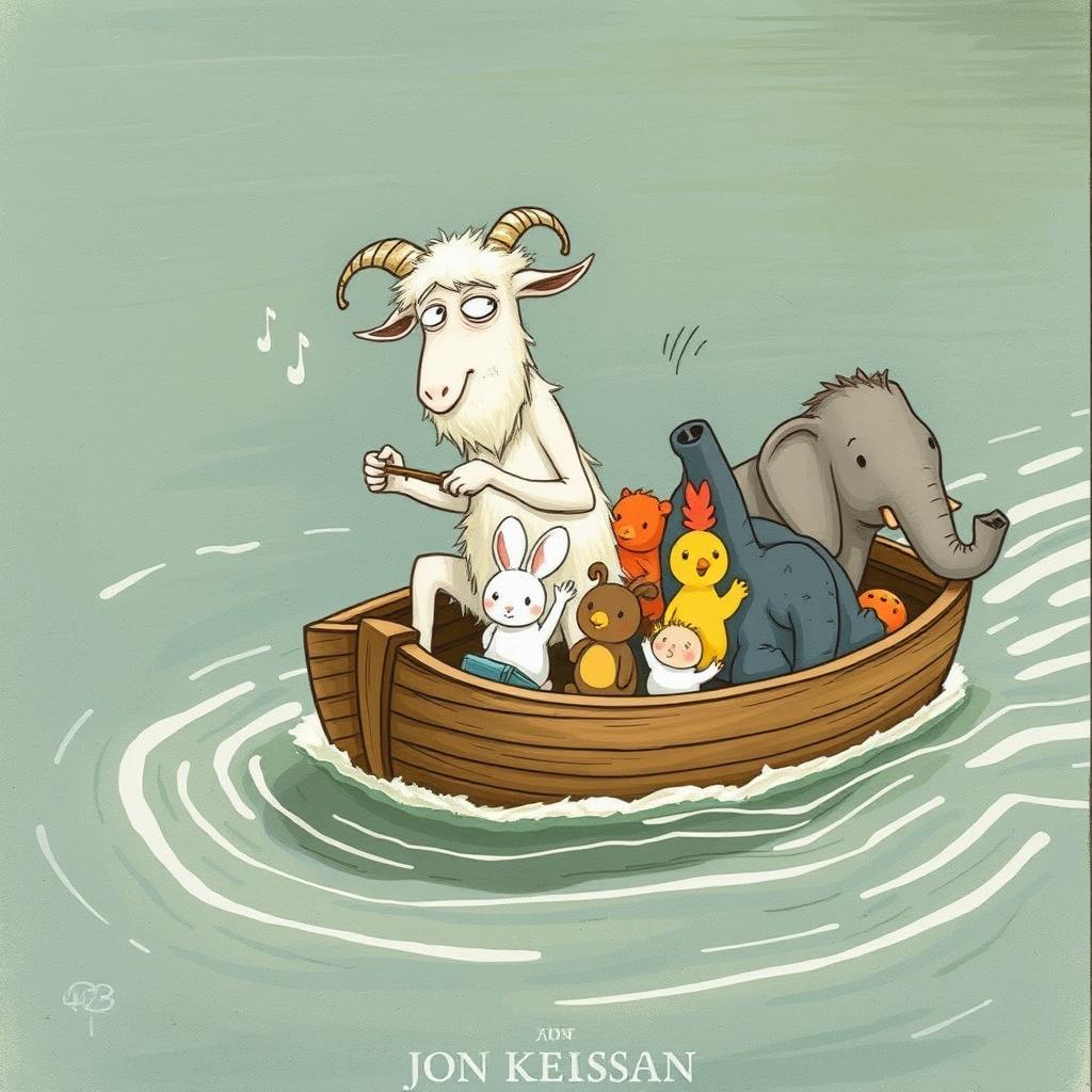 In the middle of a river, an elderly white goat grandpa, glistening with sweat, is energetically rowing a small wooden boat