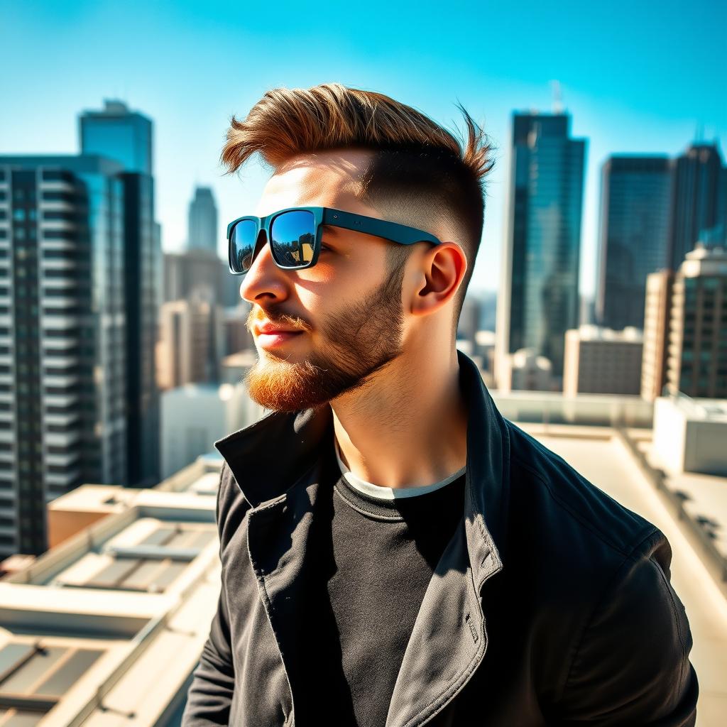 A stylish male figure with a short beard and short, recombed hair stands confidently on the rooftop of a modern building