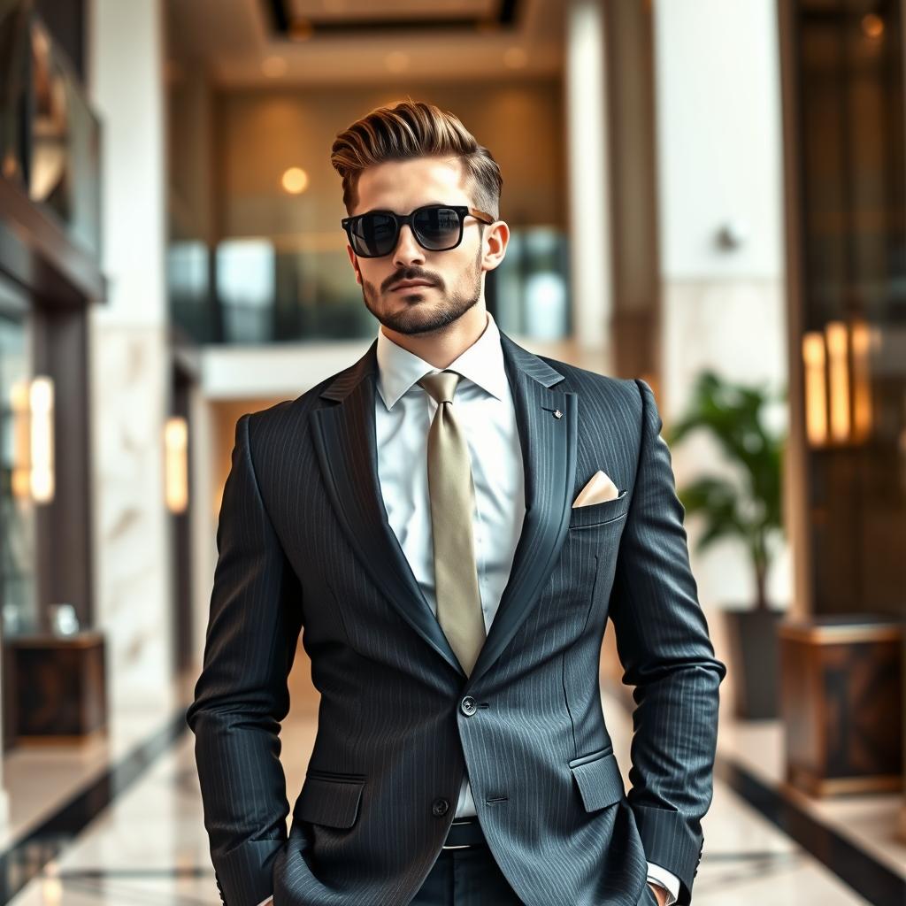 A sophisticated male figure with a short beard and short, recombed hair is elegantly dressed in an expensive suit, exuding confidence and style as he stands inside a luxurious building