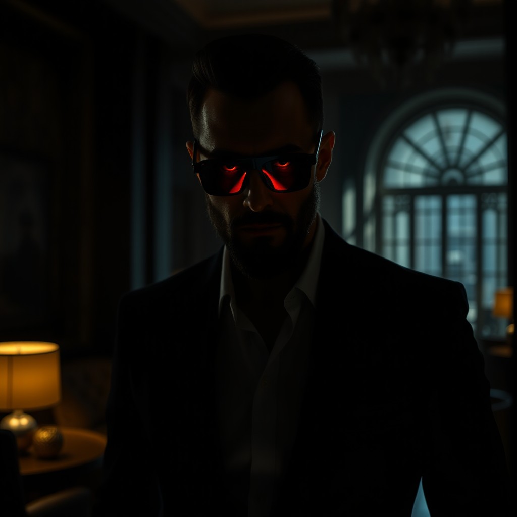 A mysterious male figure with a short beard and short, recombed hair stands inside a dimly lit building