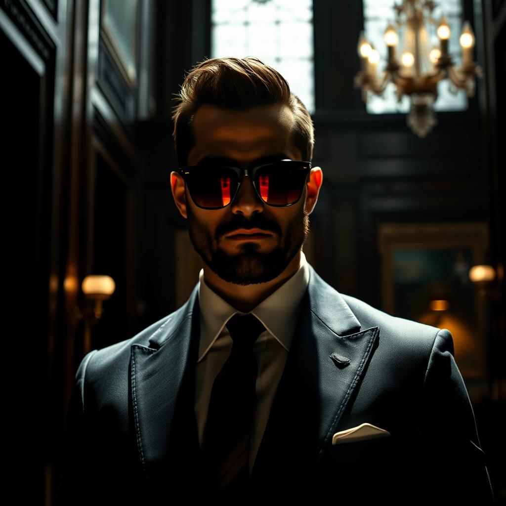 A striking male figure with a short beard and short, recombed hair stands inside a dark, elegant building