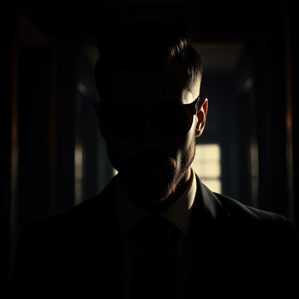 A striking male figure with a short beard and short, recombed hair stands inside a dimly lit building, shrouded in darkness