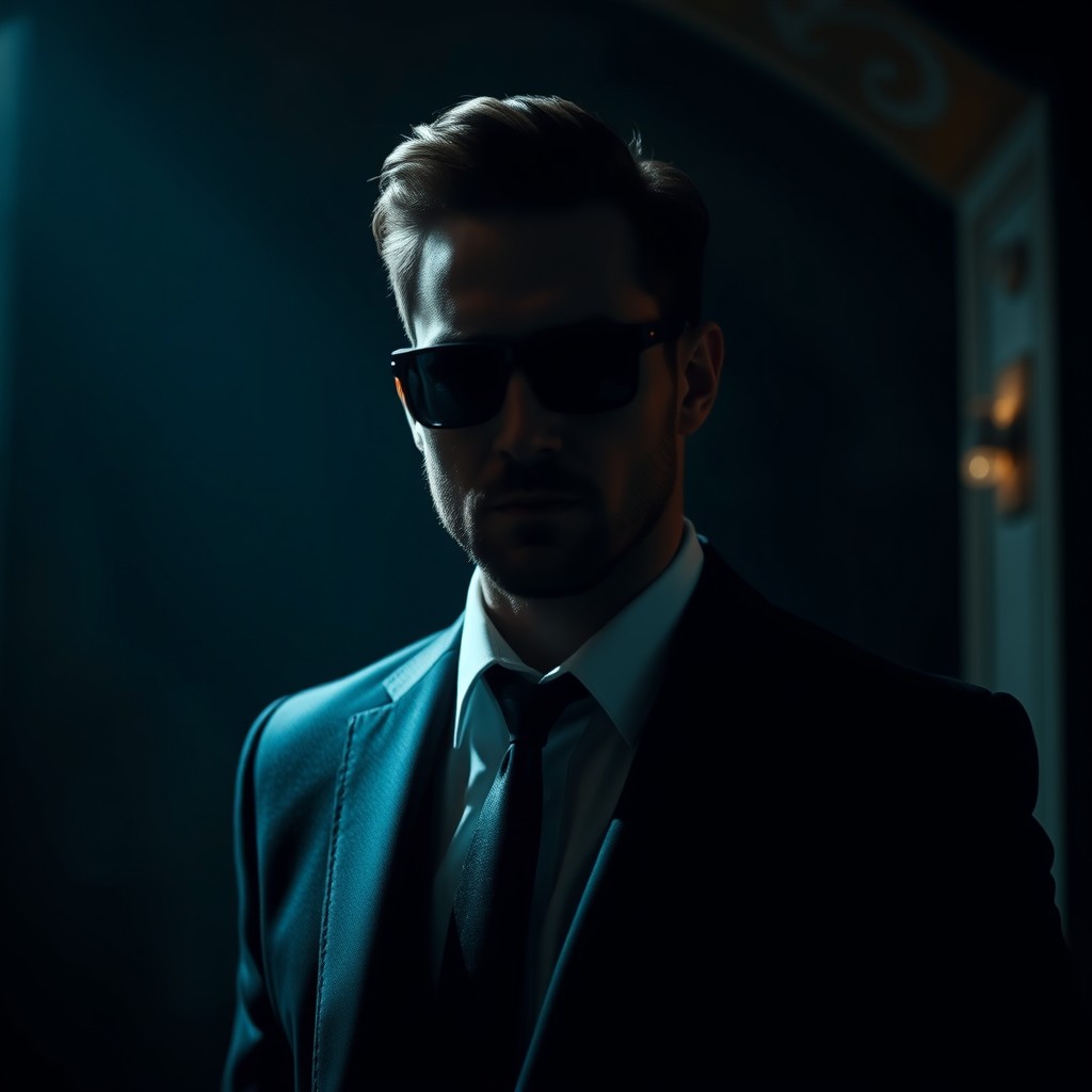 A captivating male figure with a short beard and short, recombed hair stands inside a moody and dimly lit building