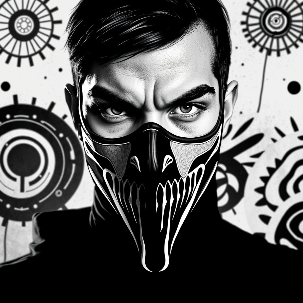 A striking black and white portrait of Zardonic, the renowned DJ and electronic music producer