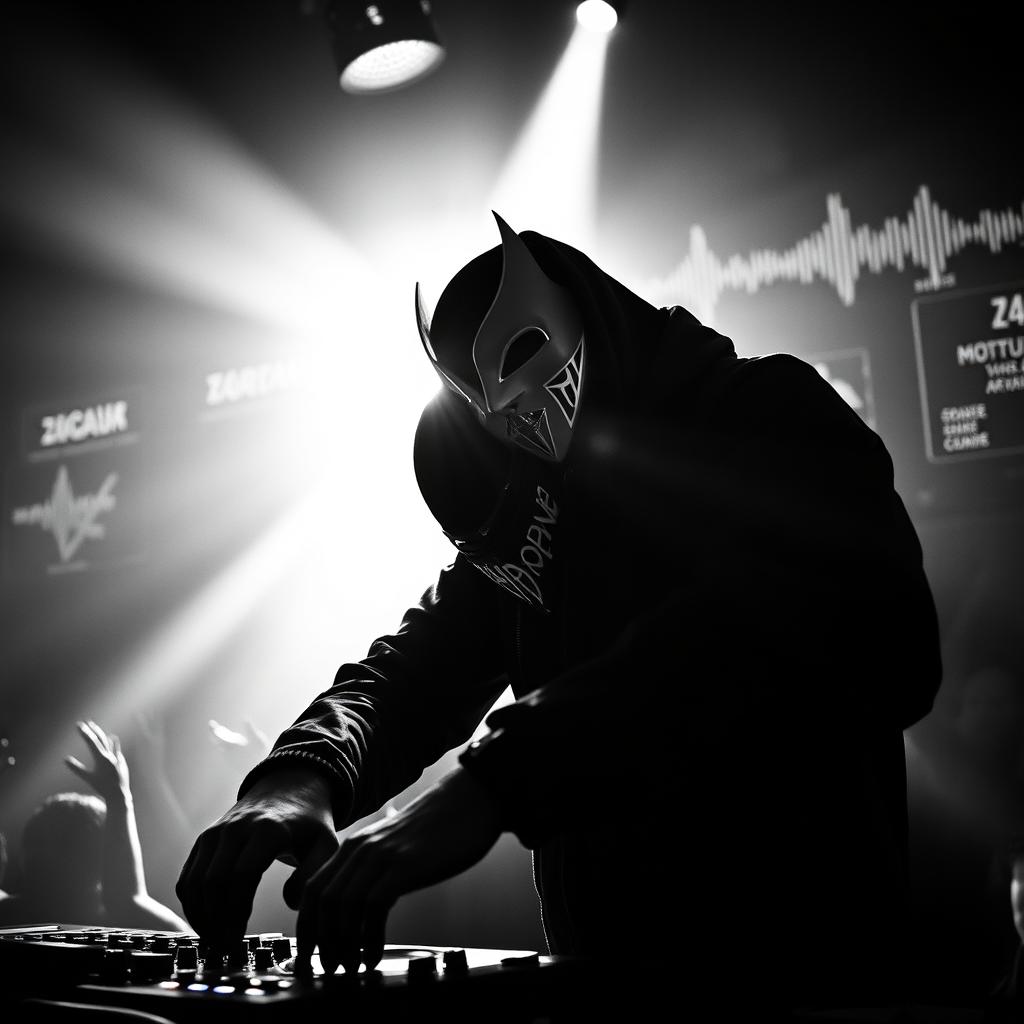 A striking black and white image of Zardonic, the renowned electronic music producer and DJ