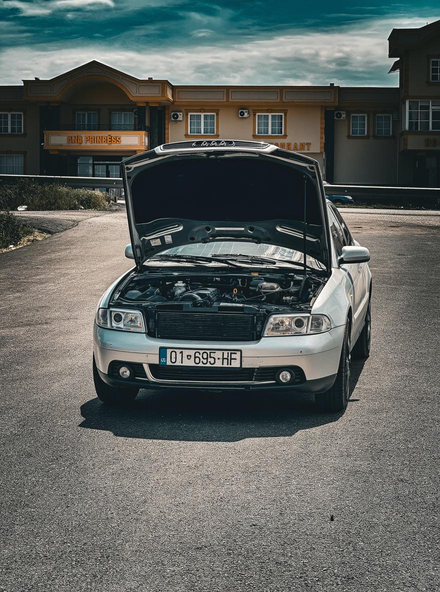 Dramatic Close-Up of a White Car: Engine Showcase in Urban Setting