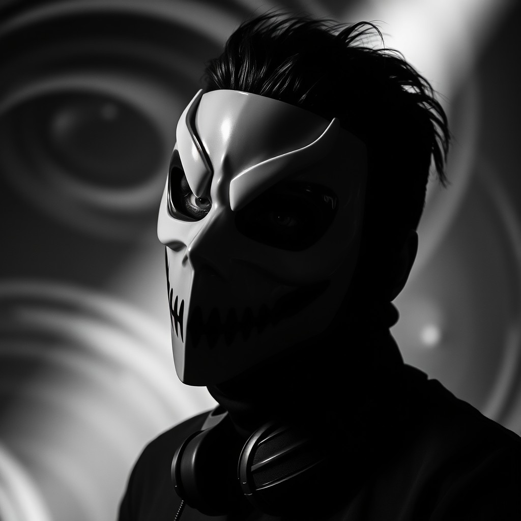 A captivating black and white image of Zardonic, the legendary electronic music DJ and producer