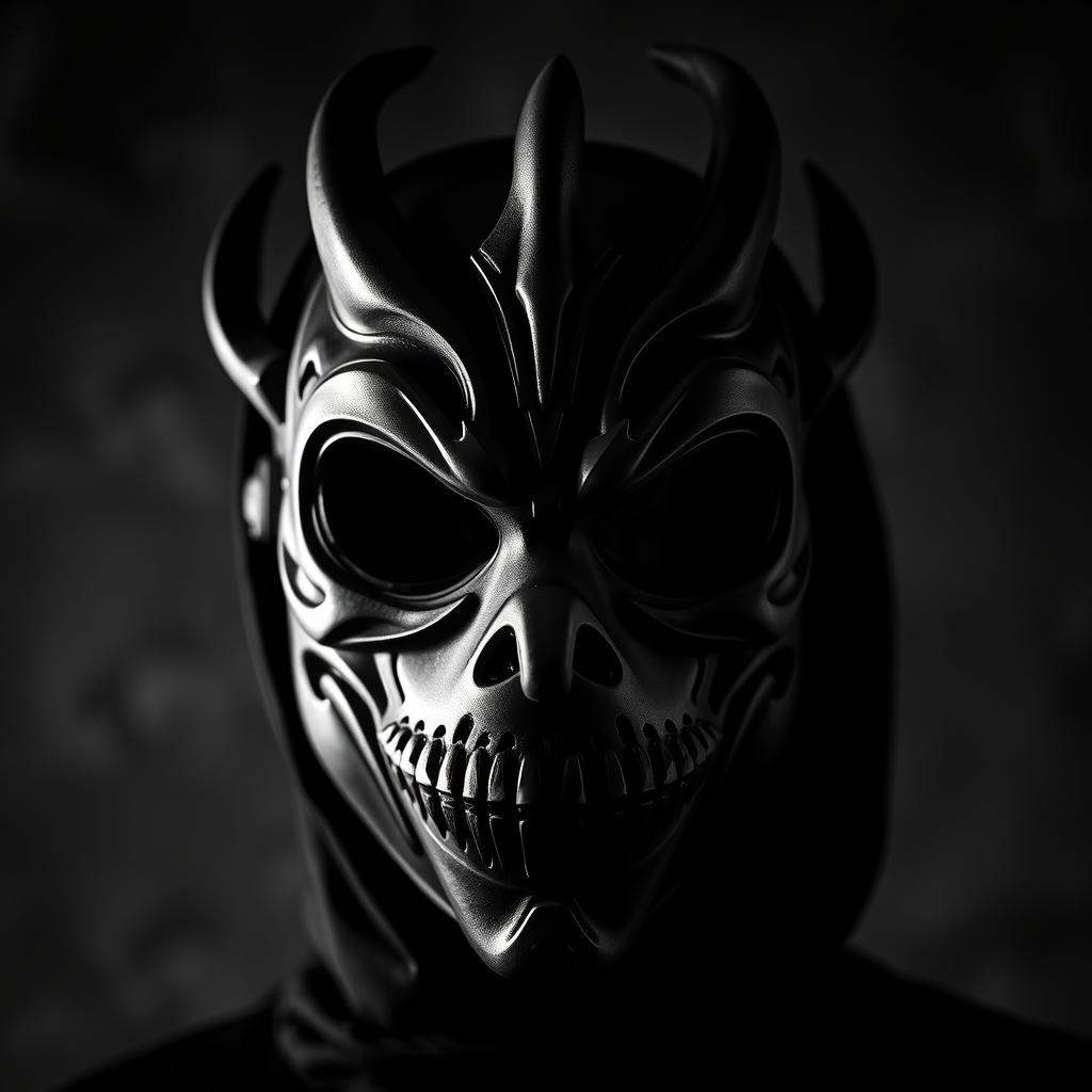 A captivating black and white image of Zardonic's signature mask, showcasing its intricate design and bold features
