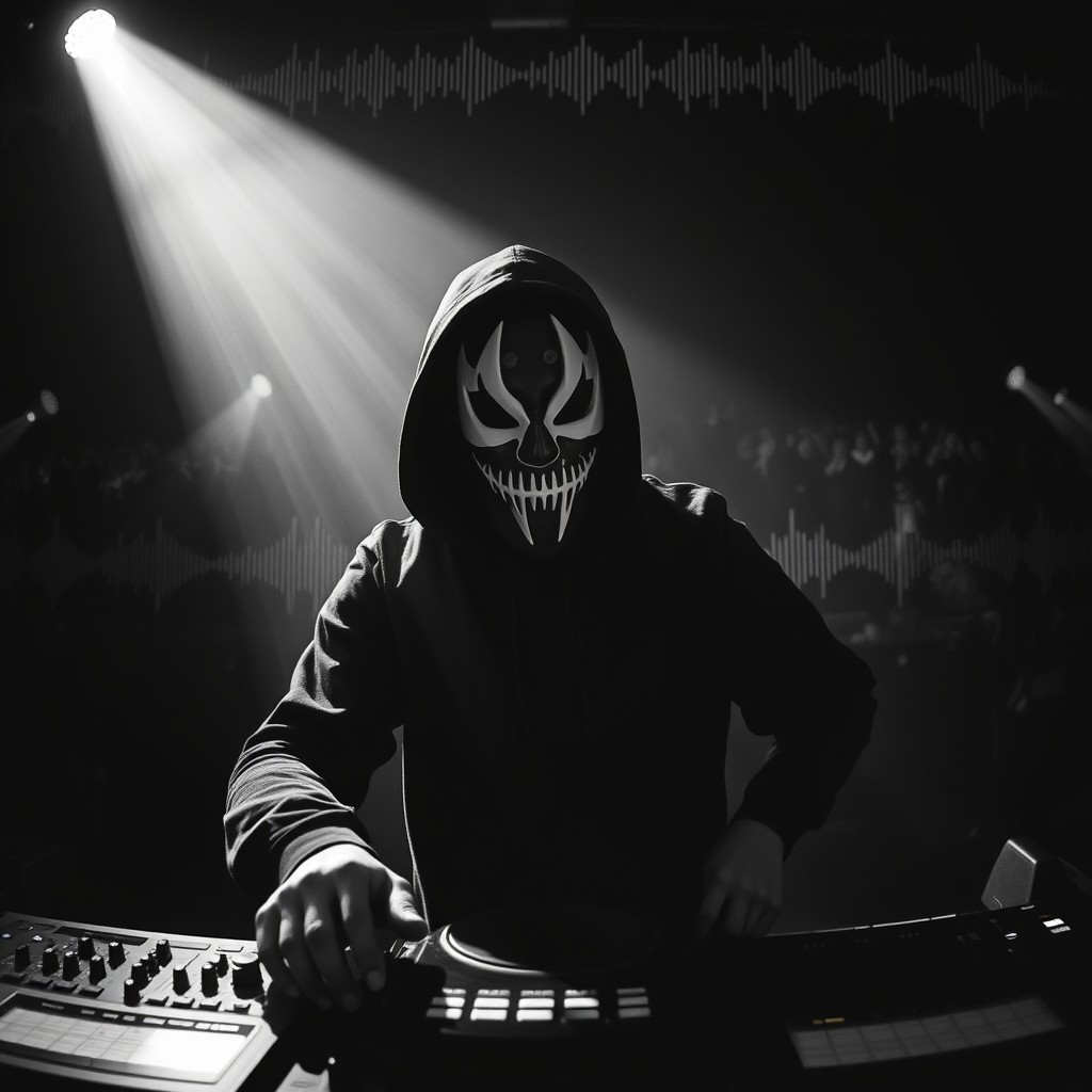 A striking black and white image of Zardonic, the renowned electronic music producer and DJ