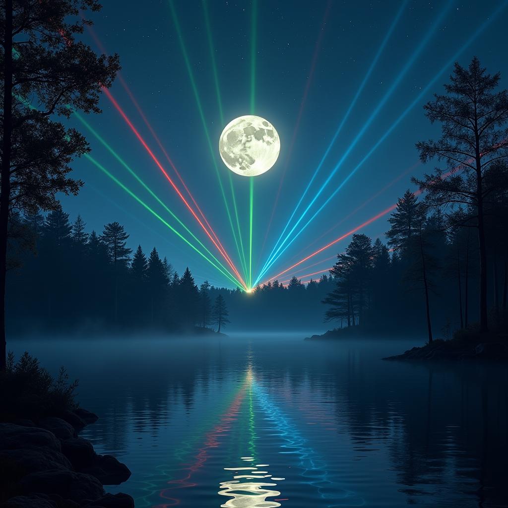 A serene landscape featuring a full moon illuminated in the night sky, casting a gentle glow over a tranquil scene