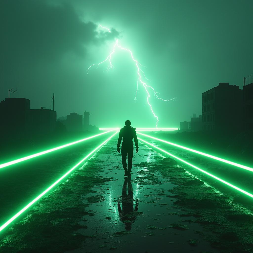 A surreal landscape featuring a lone figure in a futuristic suit walking down a deserted path