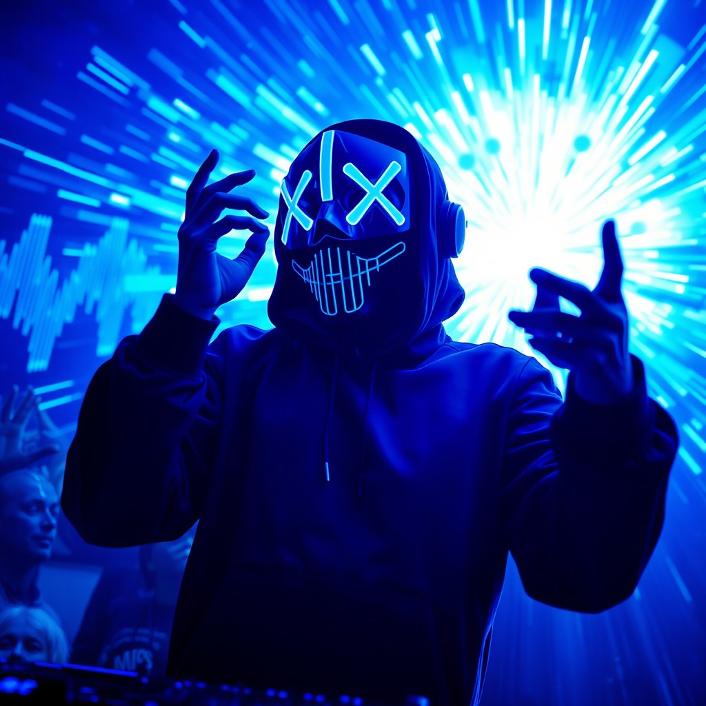 A vibrant image of Zardonic, the renowned electronic music producer and DJ, immersed in a powerful performance
