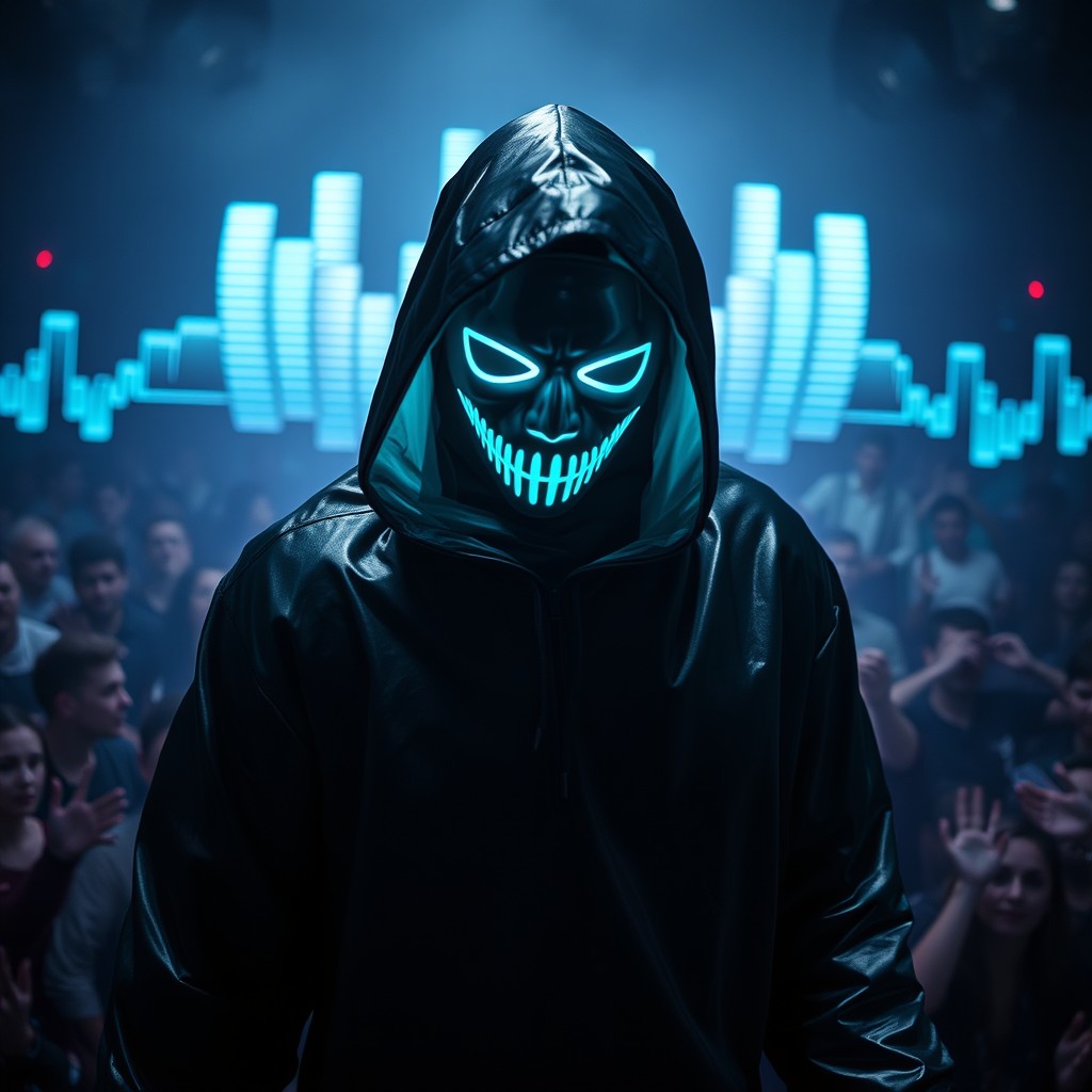 A stunning image of Zardonic, the electronic music producer and DJ, adorned in flowing, futuristic black leather robes that catch the light in an intriguing way