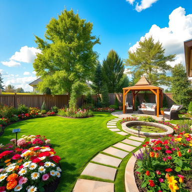 A beautifully designed back garden featuring a lush, green lawn surrounded by vibrant flower beds filled with colorful blooms such as roses, daisies, and tulips