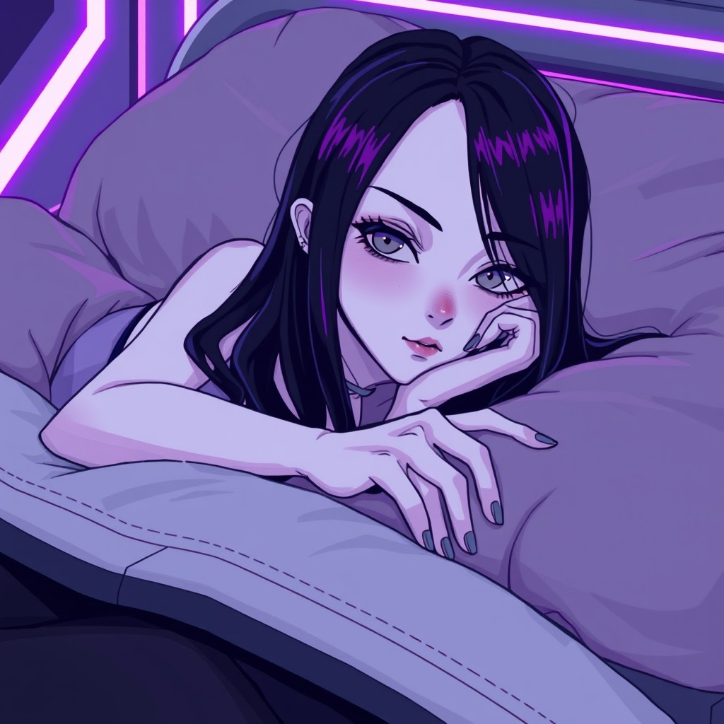 In a detailed 64x64 pixel art style capturing a cyber-goth aesthetic, a pale adult goth girl with long black hair and soft gray eyes lies on a large, plush bed