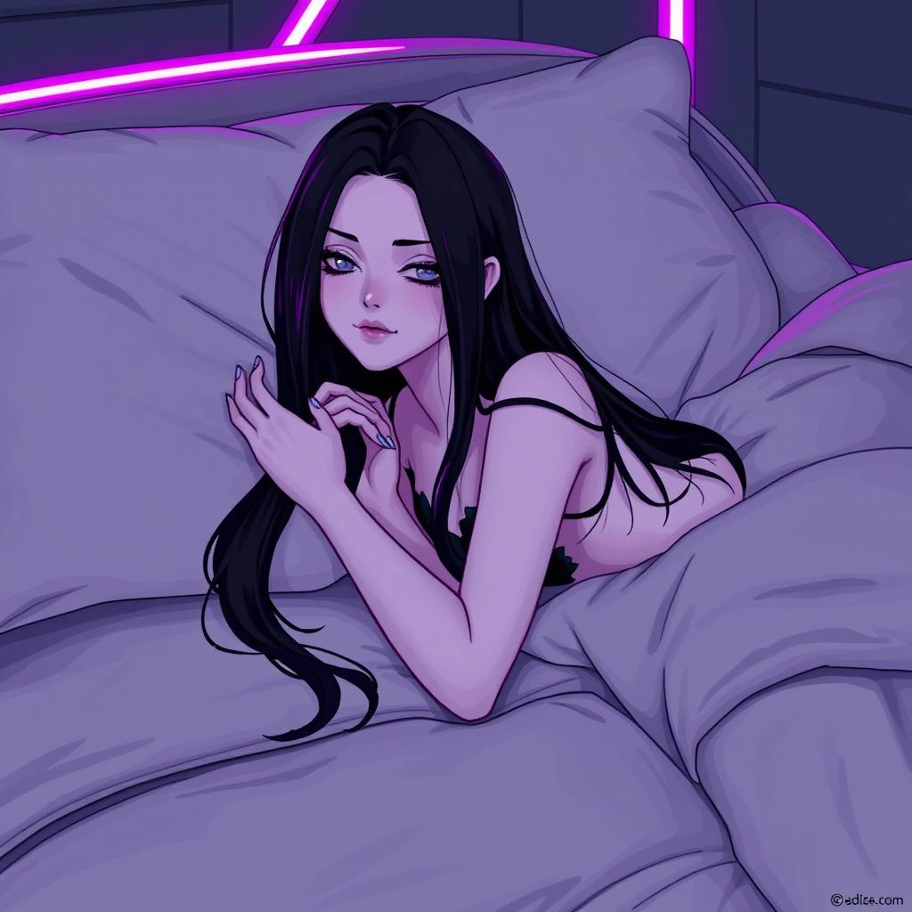 In a captivating 64x64 pixel art style showcasing a cyber-goth aesthetic, a pale adult goth girl with long black hair and soft gray eyes lies gracefully on a large, plush bed