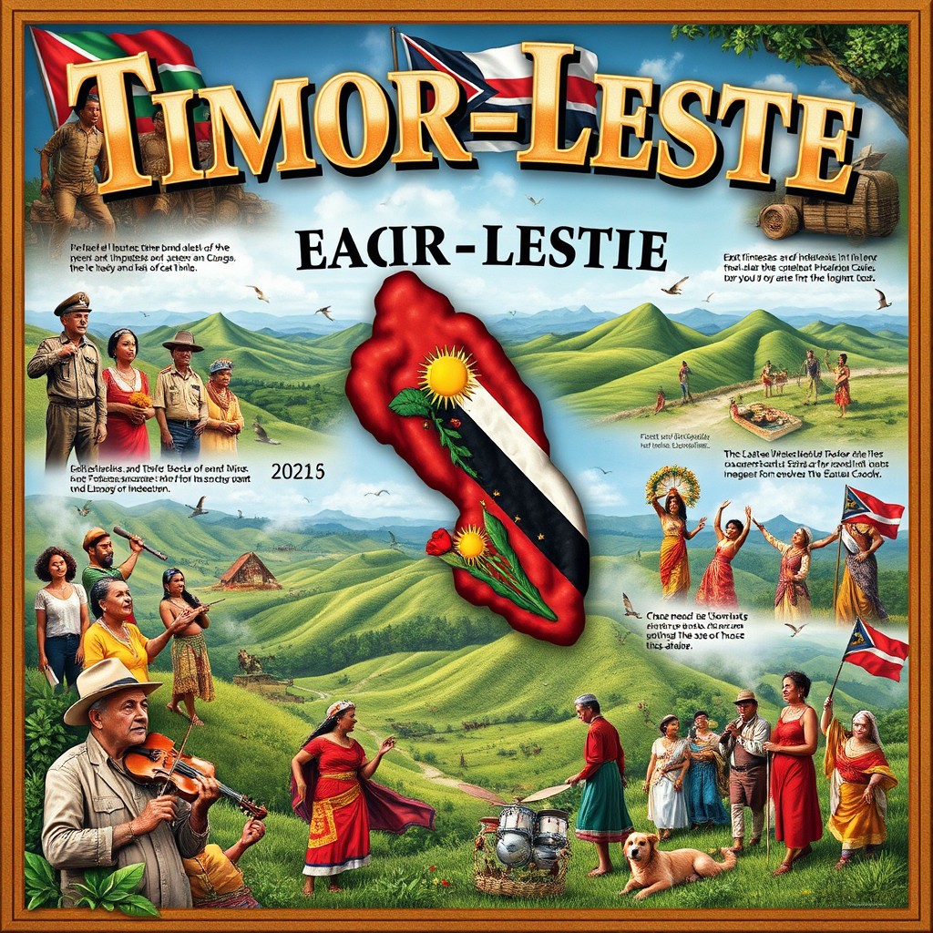 A detailed and artistic representation of significant historical events in Timor-Leste (East Timor), showcasing its struggle for independence, cultural heritage, and the rich landscape