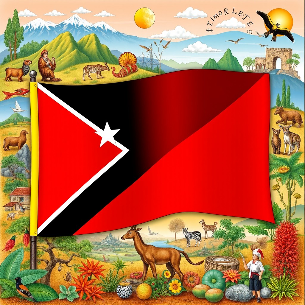 A detailed representation of the flag of Timor-Leste, which features a diagonal black stripe and a white star on a red field bordered by yellow