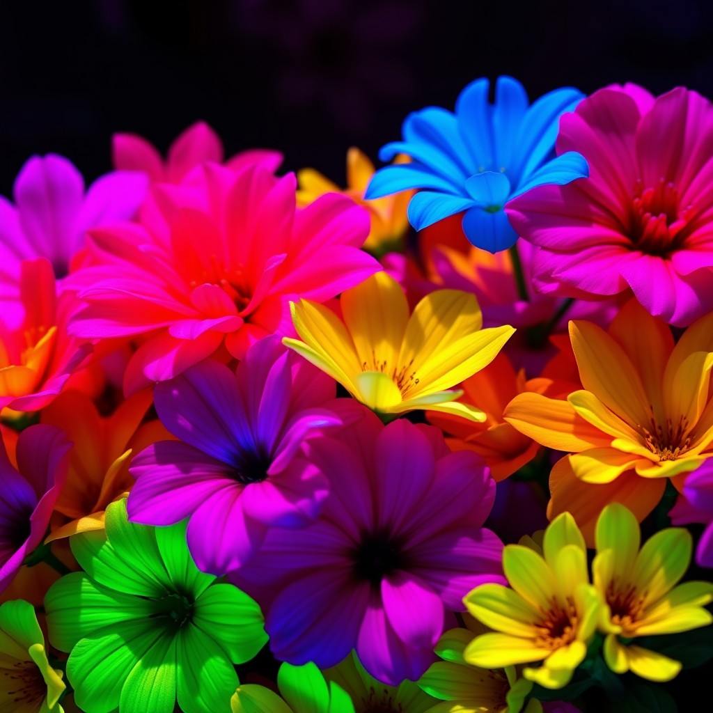 A stunning display of vibrant, fluoroscent flowers in a variety of colors including neon pink, electric blue, bright yellow, and vivid green, set against a deep, dark background that enhances their brightness