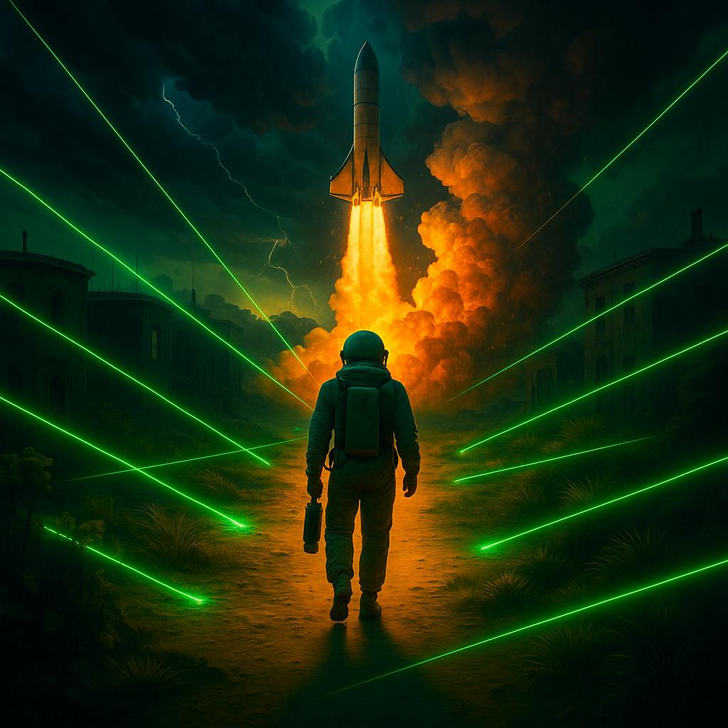 A dramatic scene of a rocket ship blasting off from a desolate landscape