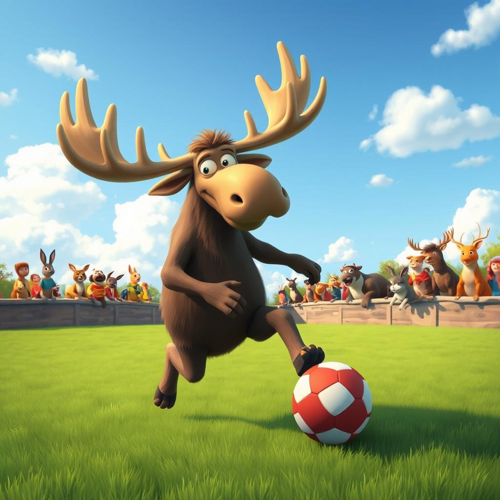 A whimsical scene of a moose playing football in a vibrant green field
