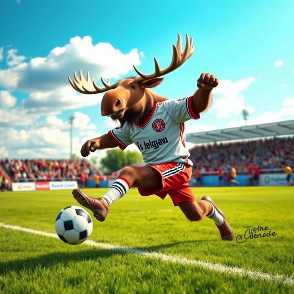 A moose playing football on a grassy field, wearing a team jersey with the emblem of 'Fs Jelgava'