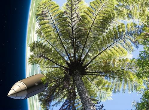 A futuristic rocket ship blasting off into a clear blue sky, with flames and smoke trailing behind it