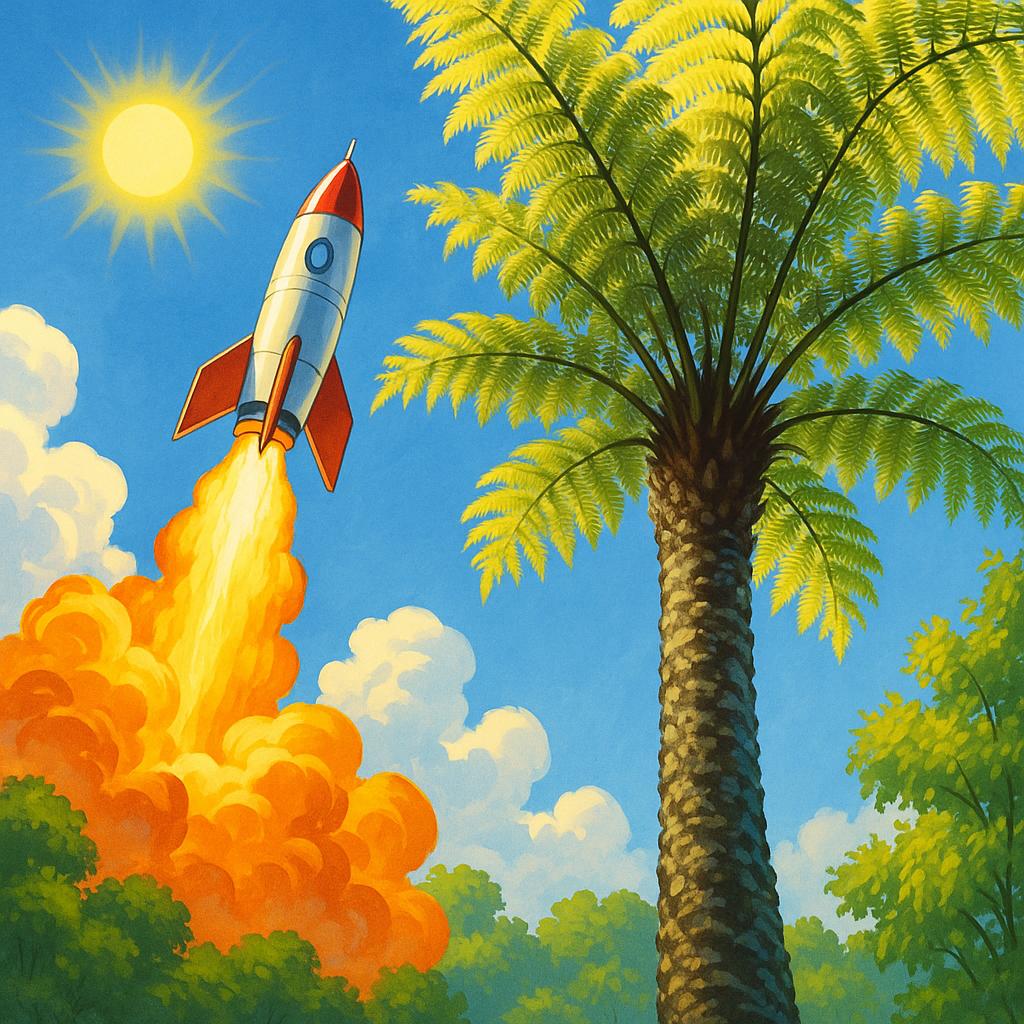 A vivid illustration of a rocket ship blasting off into the clear blue sky, surrounded by a lush green landscape