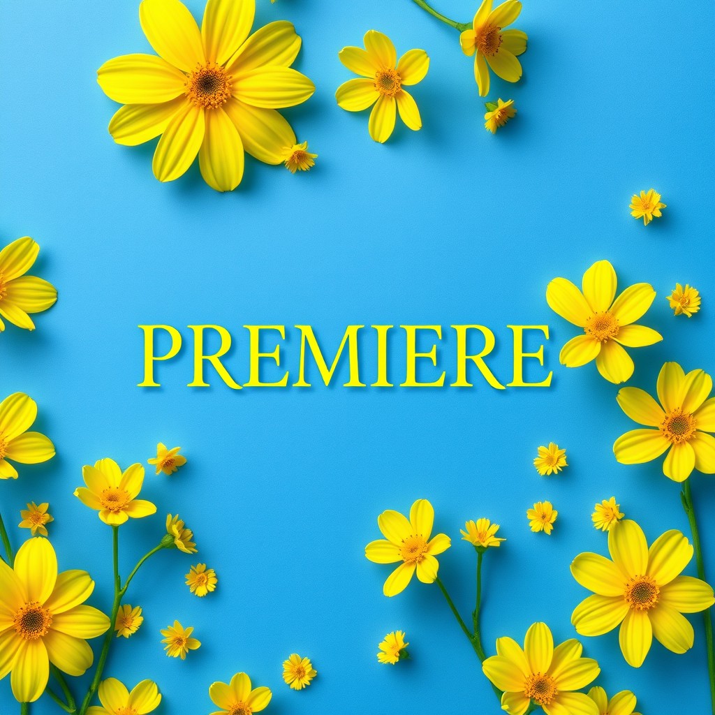 Cover for a book titled 'PREMIERE' featuring a stunning blue background with vibrant yellow flowers elegantly scattered across the design