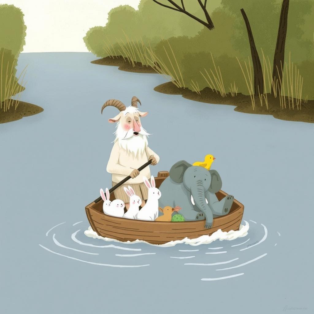 In the middle of a river, an elderly white goat grandpa, sweating heavily, is rowing a small wooden boat