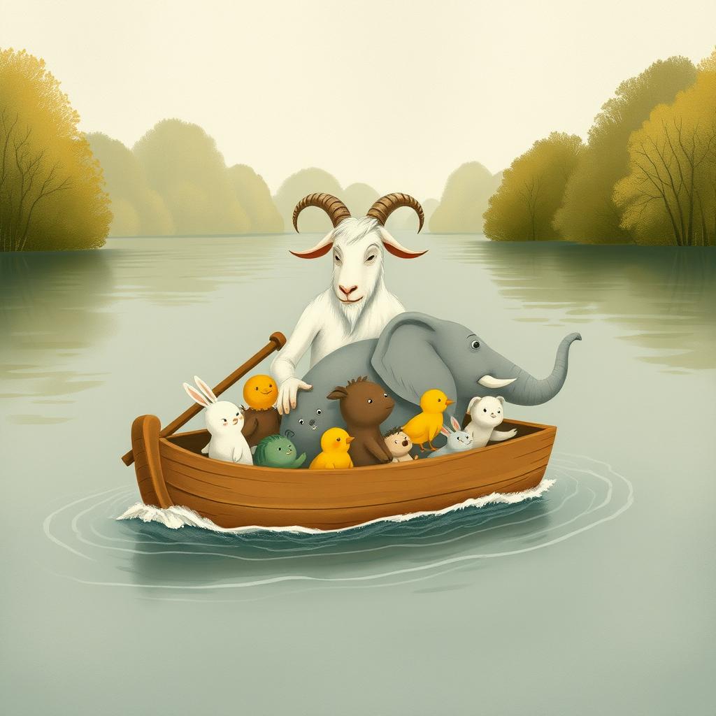 In the middle of a serene river, an elderly white goat grandpa, visibly sweating, is energetically rowing a small wooden boat