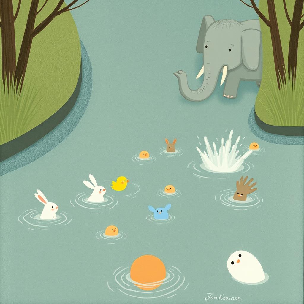 In the middle of a river, a small white rabbit, a small yellow chick, a large friendly elephant, and several other small animals have fallen into the water, splashing playfully and looking surprised