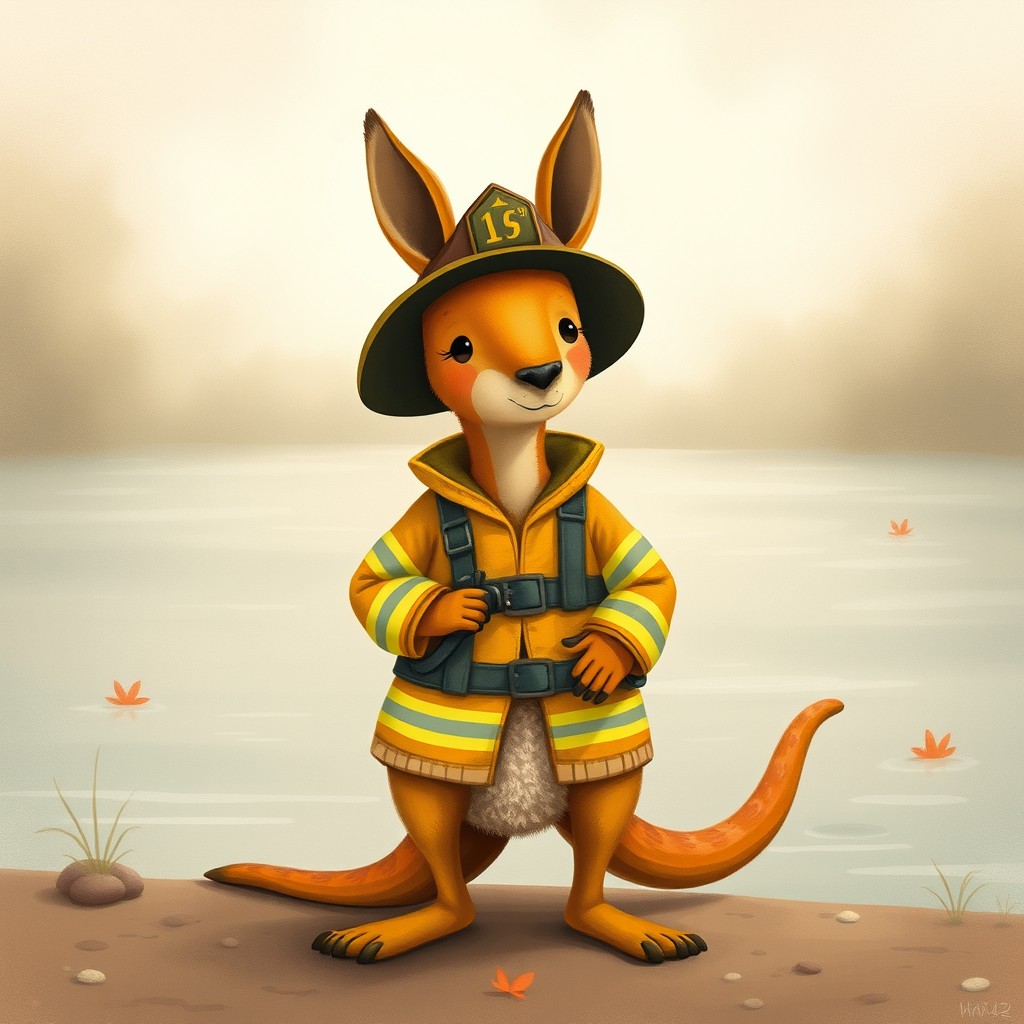 A kangaroo firefighter standing proudly by the riverbank, dressed in a bright firefighting uniform complete with a helmet and holding a fire hose