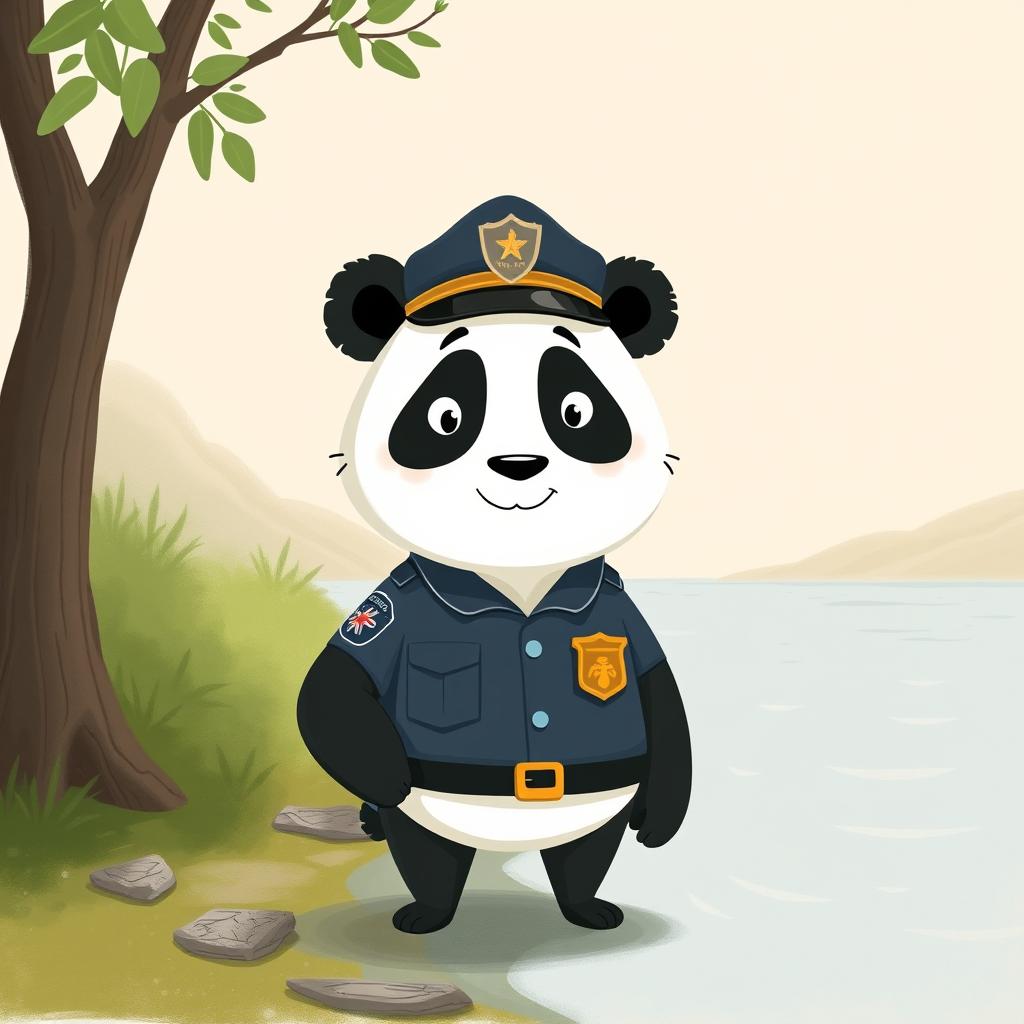 A panda police officer standing proudly by the riverbank, dressed in a classic police uniform complete with a badge and a cap
