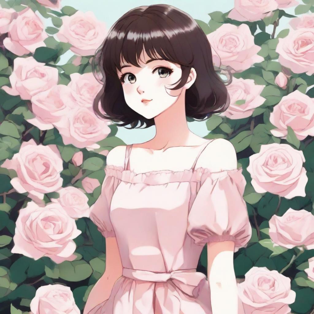 Anime style girl with dark brown short hair, black eyes, rosy lips, and pale skin, wearing a light pink dress. She's standing in a garden abloom with light pink roses, all portrayed with soft 90s-style shading.